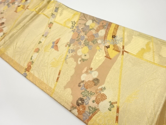 JAPANESE KIMONO / VINTAGE FUKURO OBI / WOVEN BRIDGE & AUTUMN FLOWERS